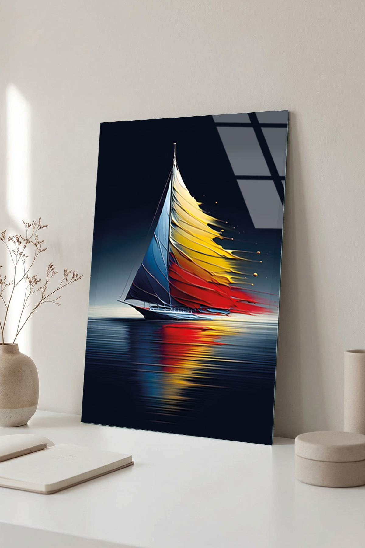 Koyu Arka Planda Canli Renkli Yelkenli Illustrasyon Cam Tablo
