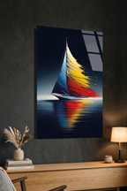 Koyu Arka Planda Canli Renkli Yelkenli Illustrasyon Cam Tablo