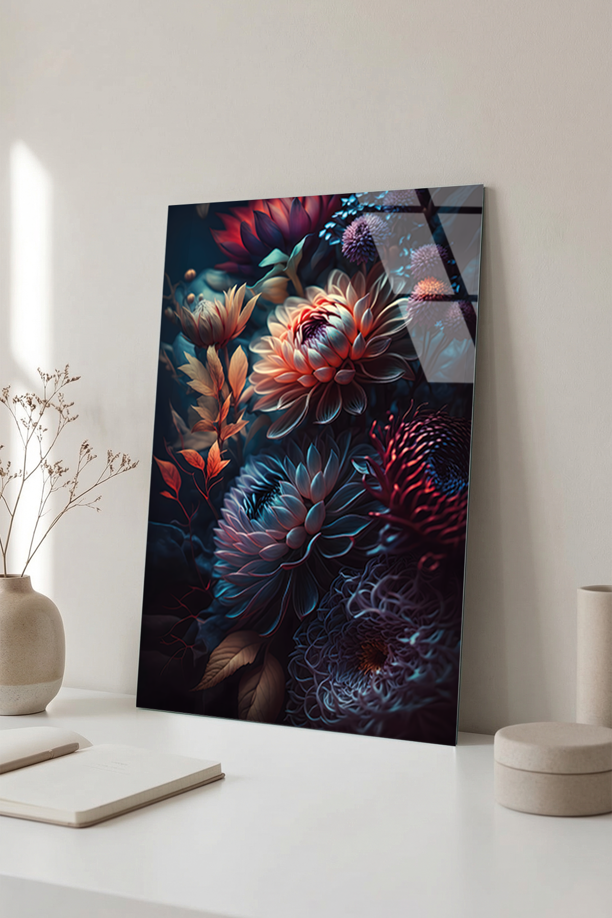 Koyu Temalı Mistik Çiçekler ve Floral Buket Sanatı Cam Tablo