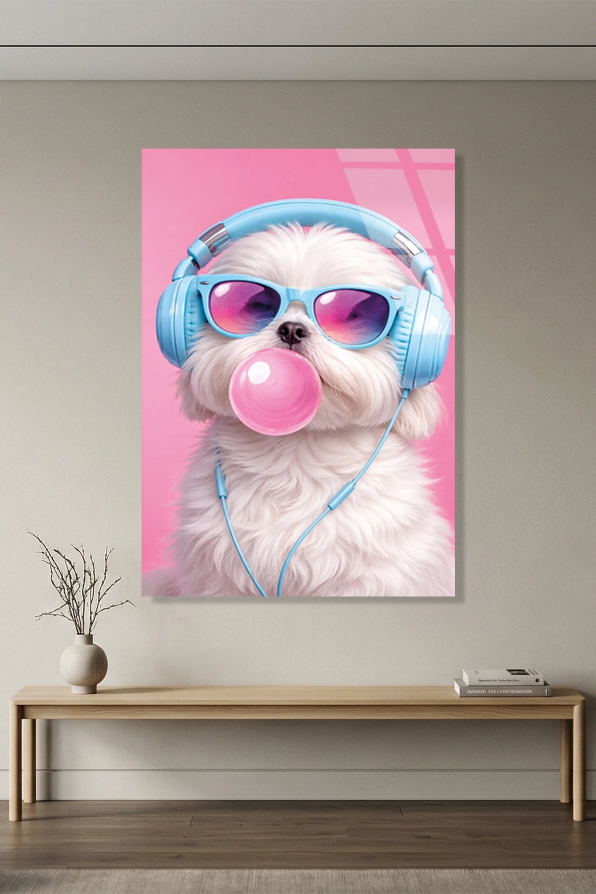 Kulaklıklı ve Sakız Şişiren Tatlı Shih Tzu Köpek Cam Tablo
