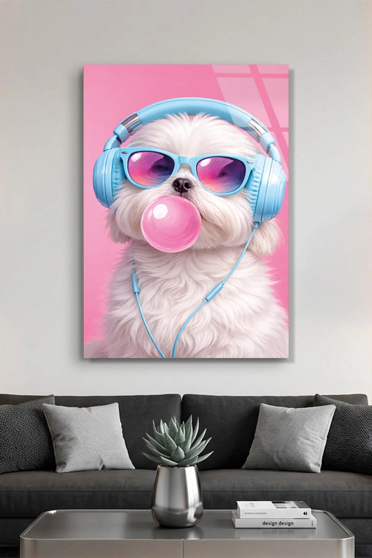 Kulaklıklı ve Sakız Şişiren Tatlı Shih Tzu Köpek Cam Tablo