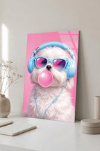 Kulaklıklı ve Sakız Şişiren Tatlı Shih Tzu Köpek Cam Tablo