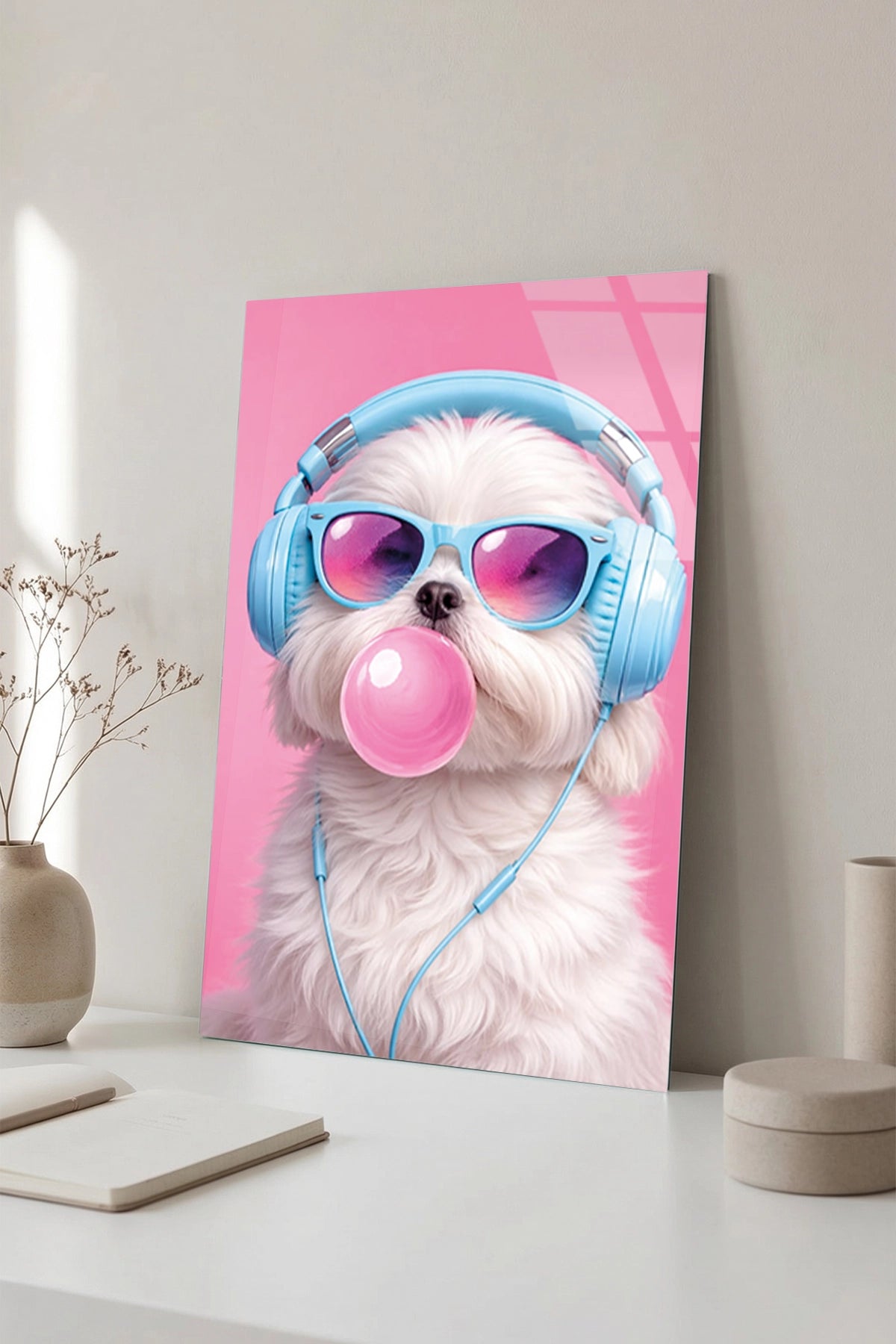 Kulaklıklı ve Sakız Şişiren Tatlı Shih Tzu Köpek Cam Tablo