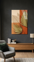 Kurumuş Yaprak ve Turuncu Renkli Minimal Kompozisyon Cam Tablo | Vitraum