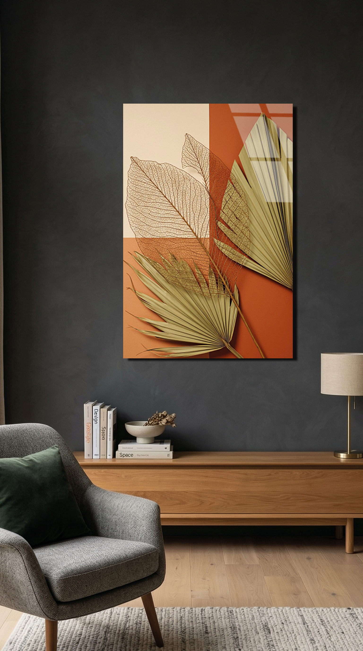 Kurumuş Yaprak ve Turuncu Renkli Minimal Kompozisyon Cam Tablo | Vitraum