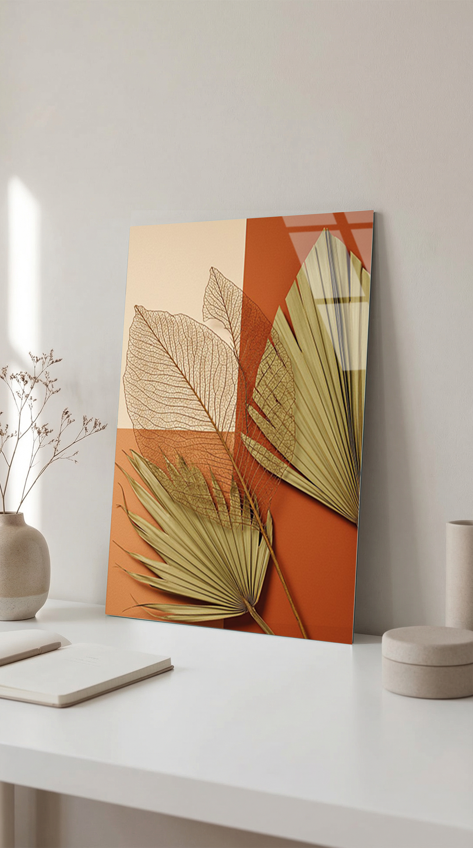 Kurumuş Yaprak ve Turuncu Renkli Minimal Kompozisyon Cam Tablo | Vitraum