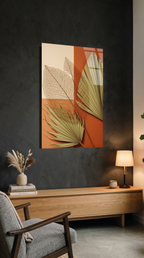 Kurumuş Yaprak ve Turuncu Renkli Minimal Kompozisyon Cam Tablo | Vitraum
