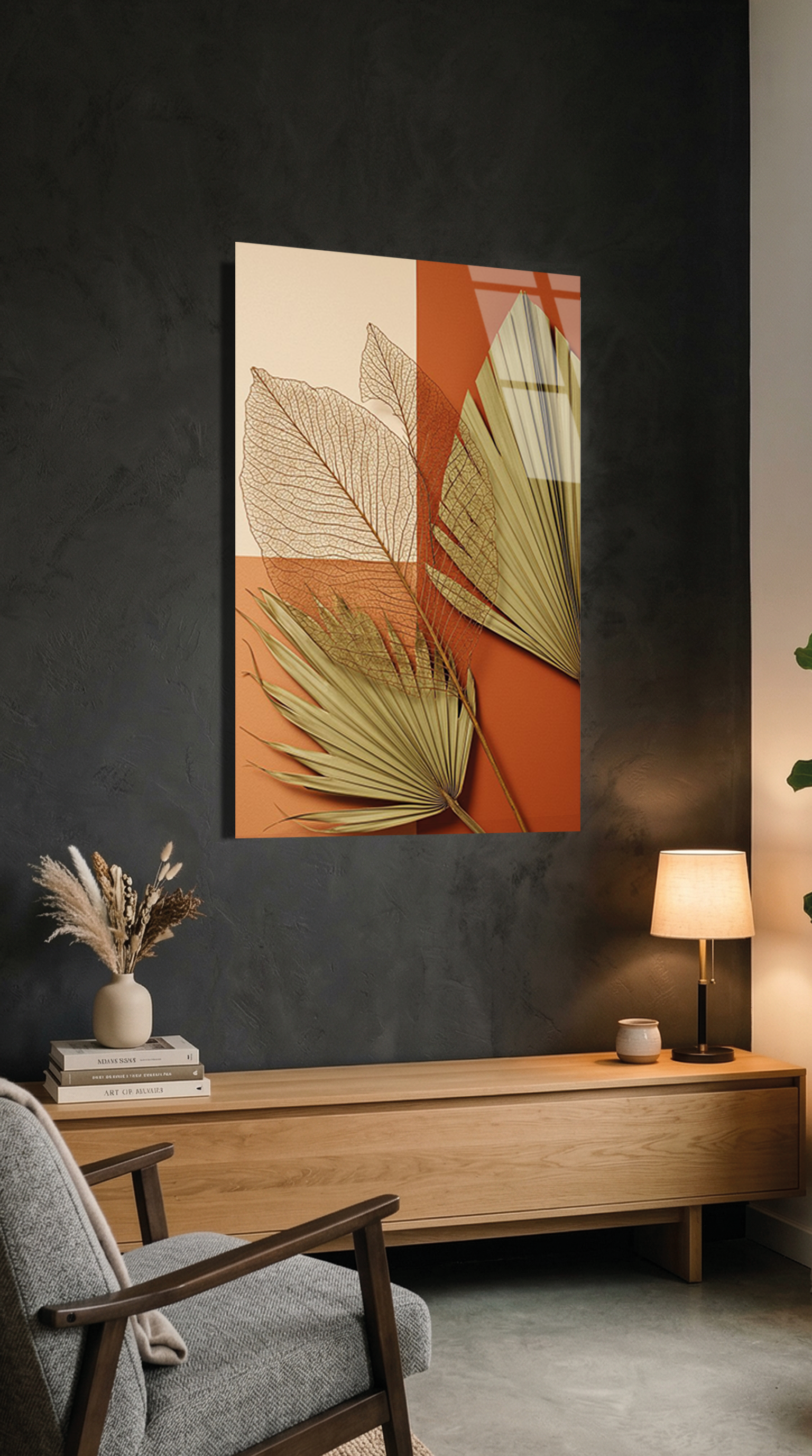 Kurumuş Yaprak ve Turuncu Renkli Minimal Kompozisyon Cam Tablo | Vitraum