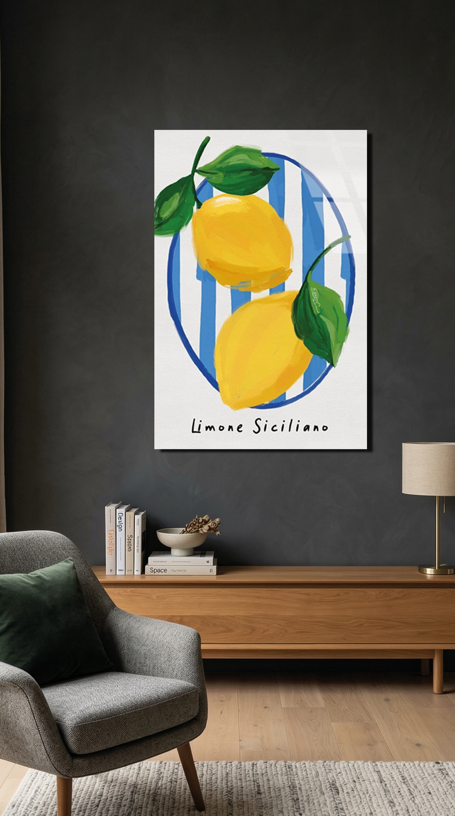 Limon Deseni Retro İllüstrasyon Cam Tablo | Vitraum