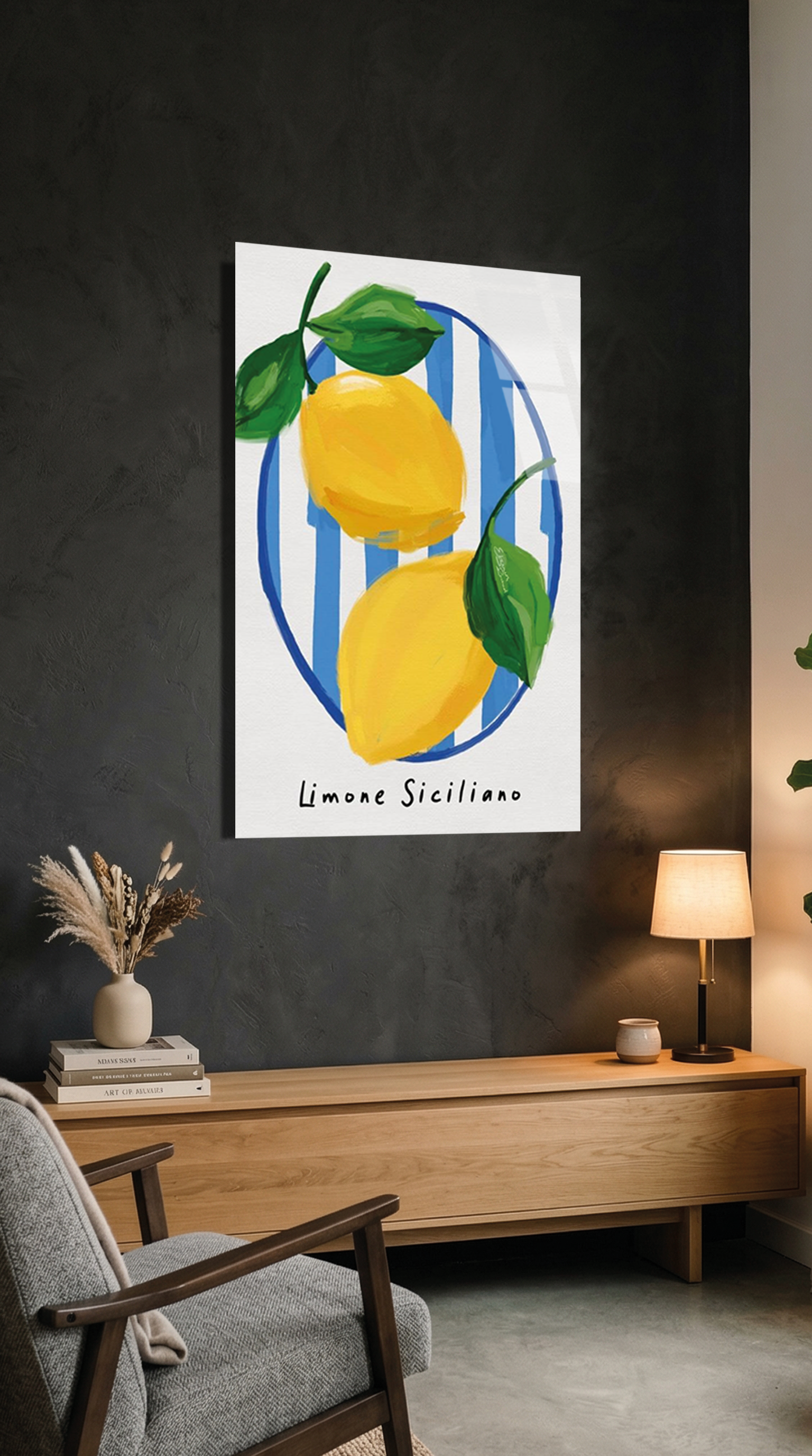 Limon Deseni Retro İllüstrasyon Cam Tablo | Vitraum