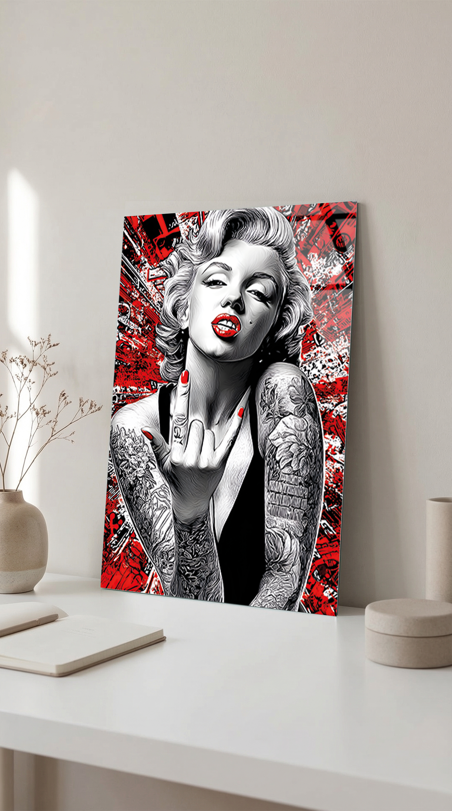 Marilyn Monroe Pop Art Siyah Beyaz Kırmızı Cam Tablo | Vitraum