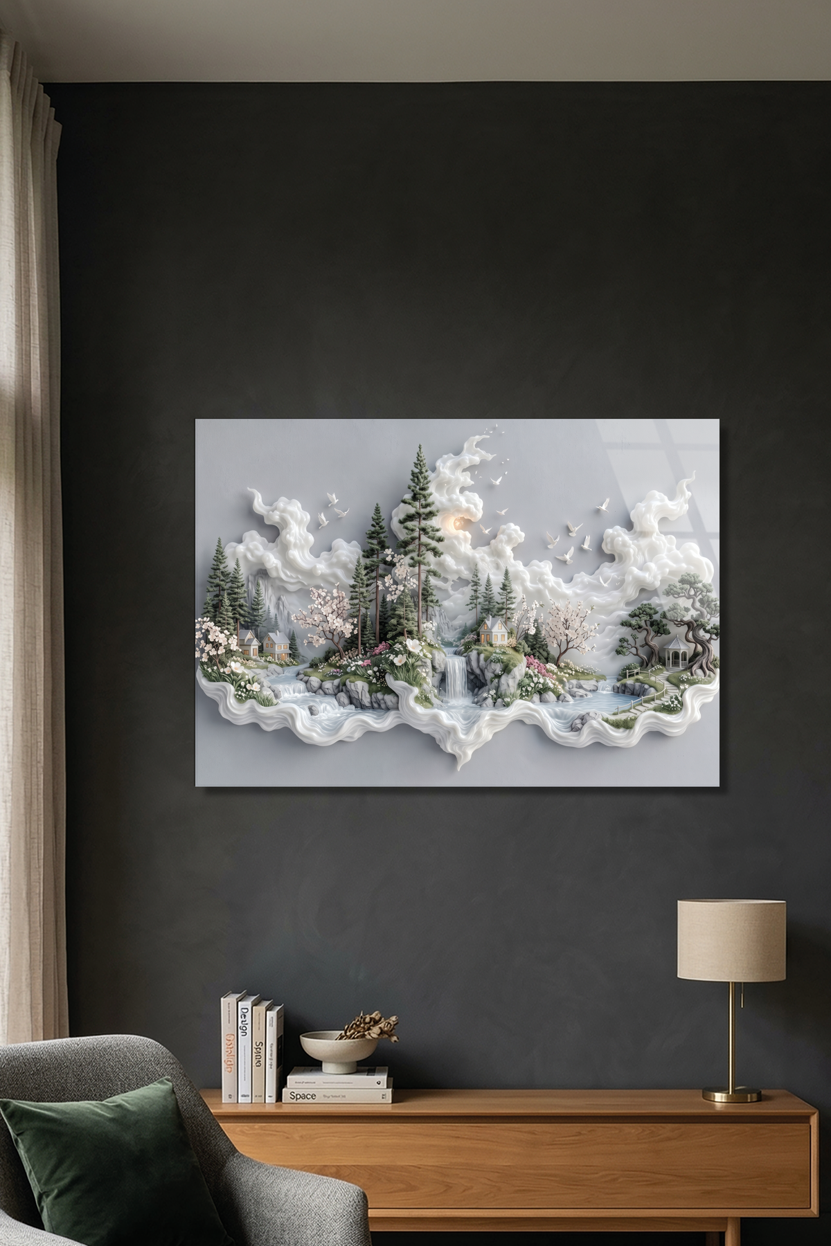 Masalsı Orman Evi ve Şelale Modern Minimalist Manzara Yatay Cam Tablo