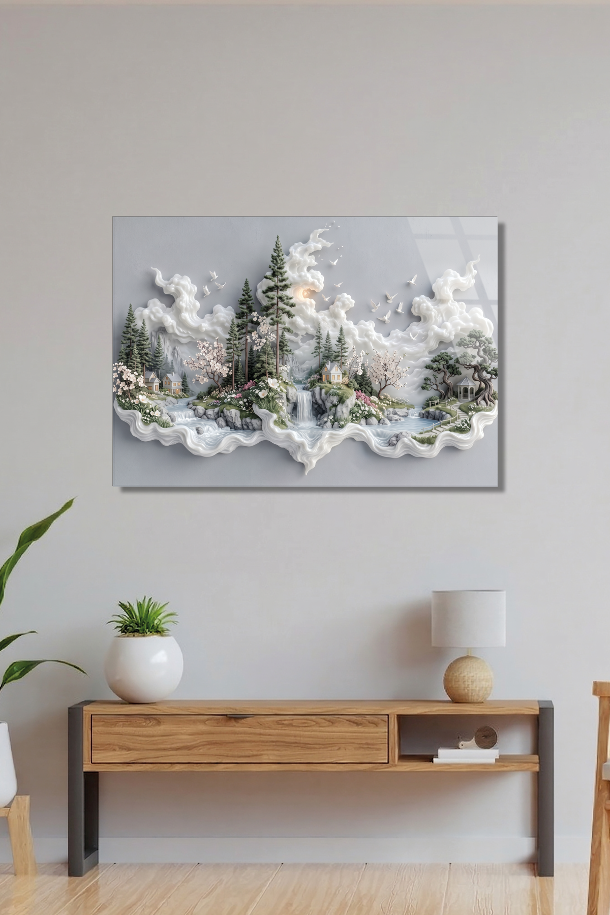 Masalsı Orman Evi ve Şelale Modern Minimalist Manzara Yatay Cam Tablo