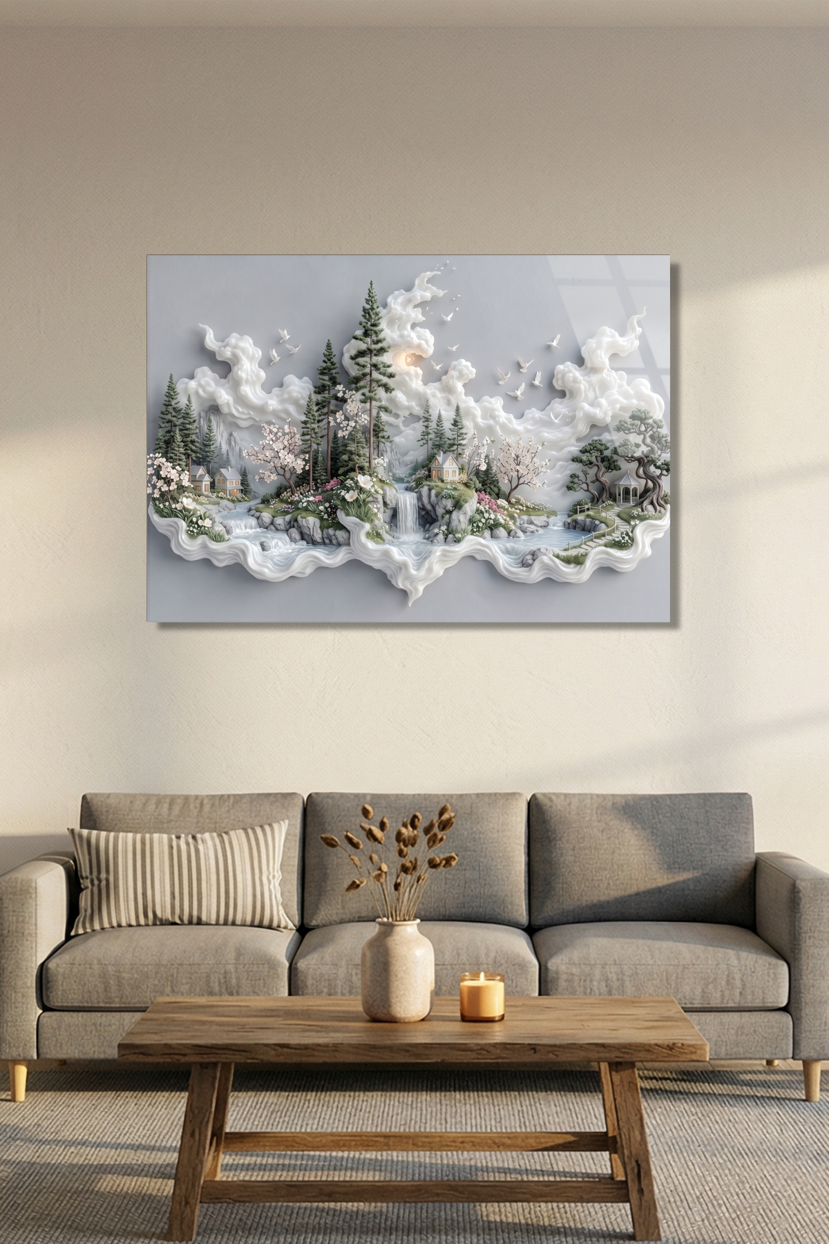 Masalsı Orman Evi ve Şelale Modern Minimalist Manzara Yatay Cam Tablo
