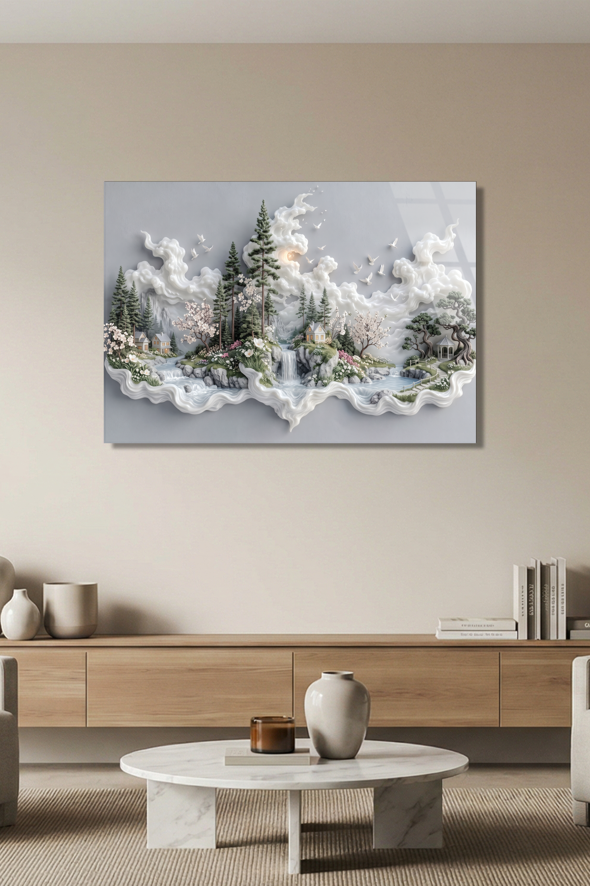 Masalsı Orman Evi ve Şelale Modern Minimalist Manzara Yatay Cam Tablo