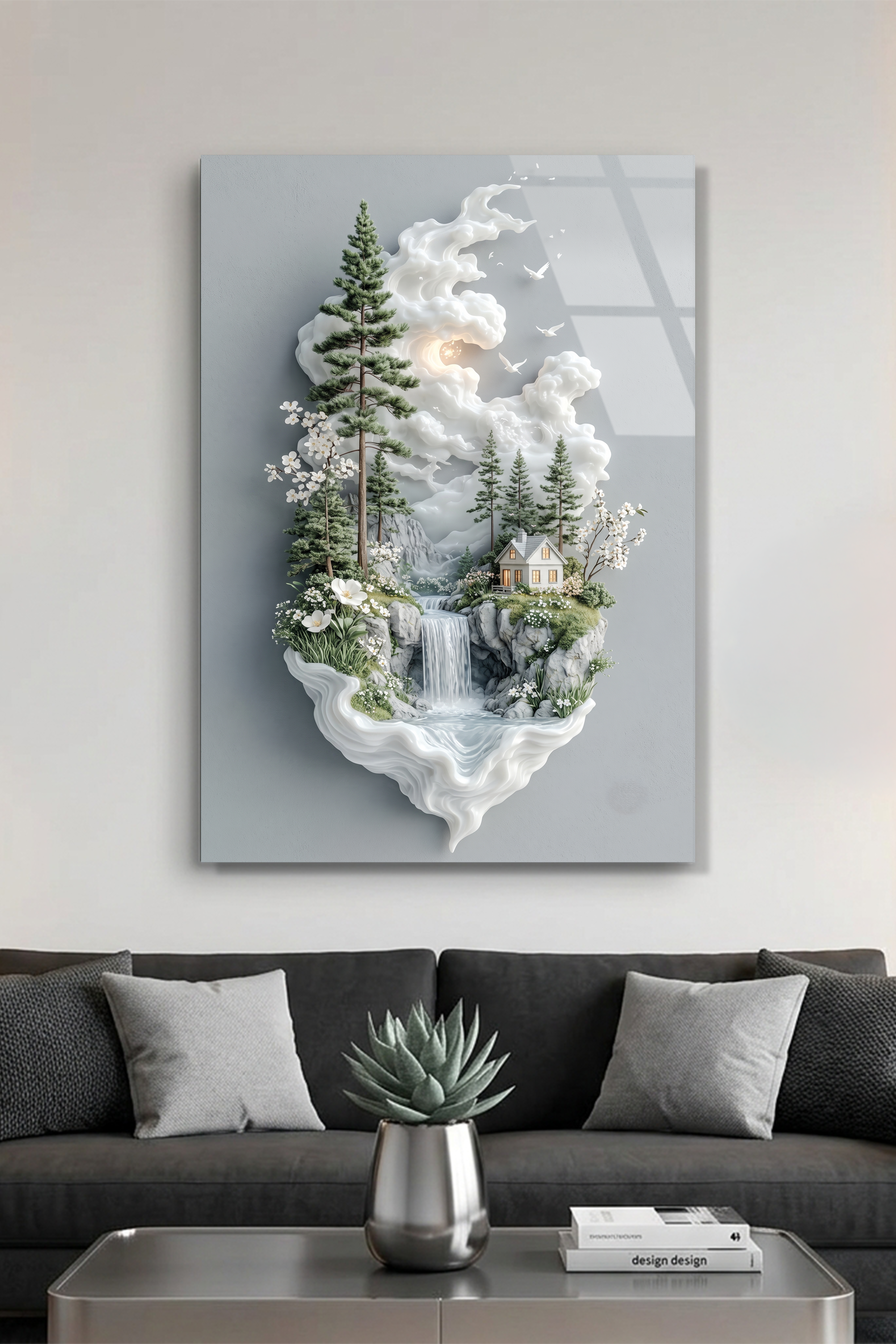 Masalsı Orman Evi ve Şelale Modern Minimalist Manzara Cam Tablo
