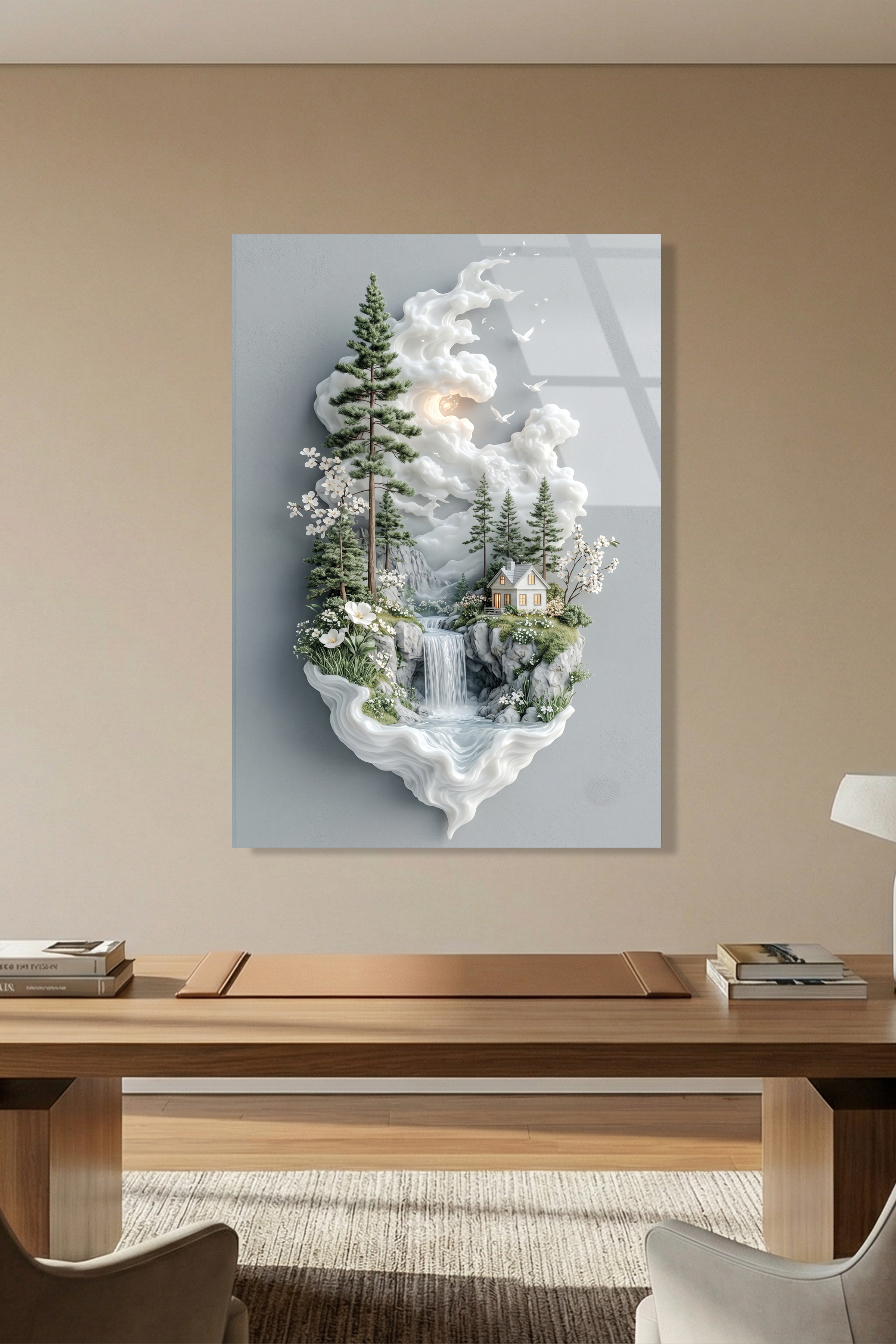 Masalsı Orman Evi ve Şelale Modern Minimalist Manzara Cam Tablo