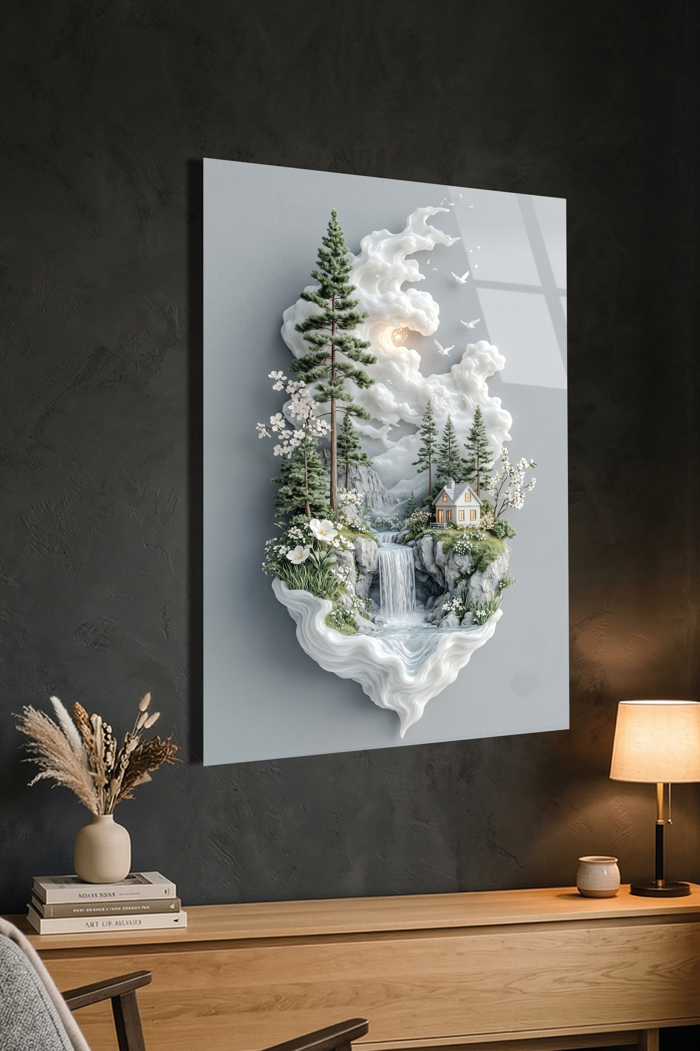 Masalsı Orman Evi ve Şelale Modern Minimalist Manzara Cam Tablo