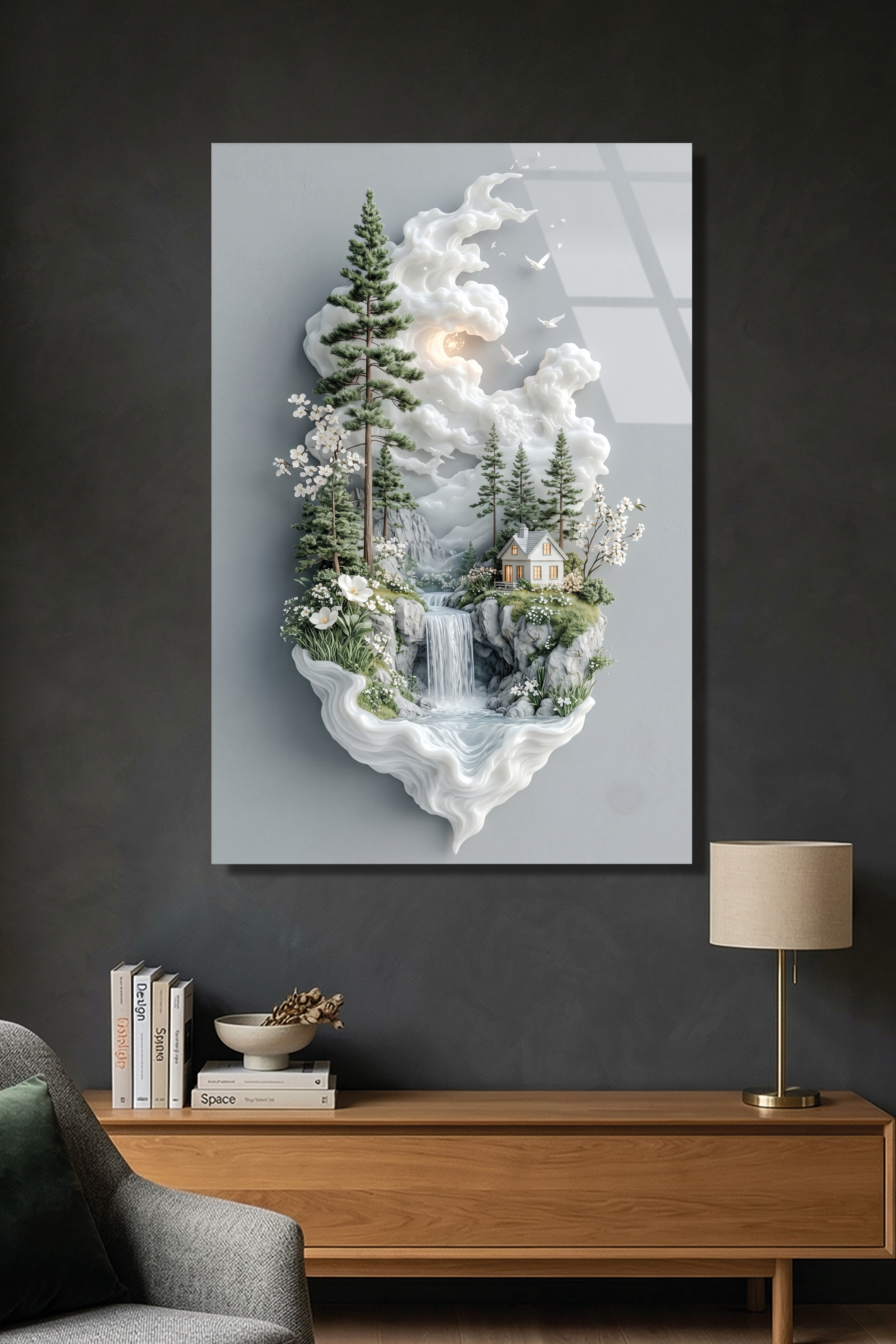 Masalsı Orman Evi ve Şelale Modern Minimalist Manzara Cam Tablo