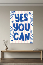 Mavi Beyaz "Yes You Can" Yazılı Motivasyon Cam Tablo