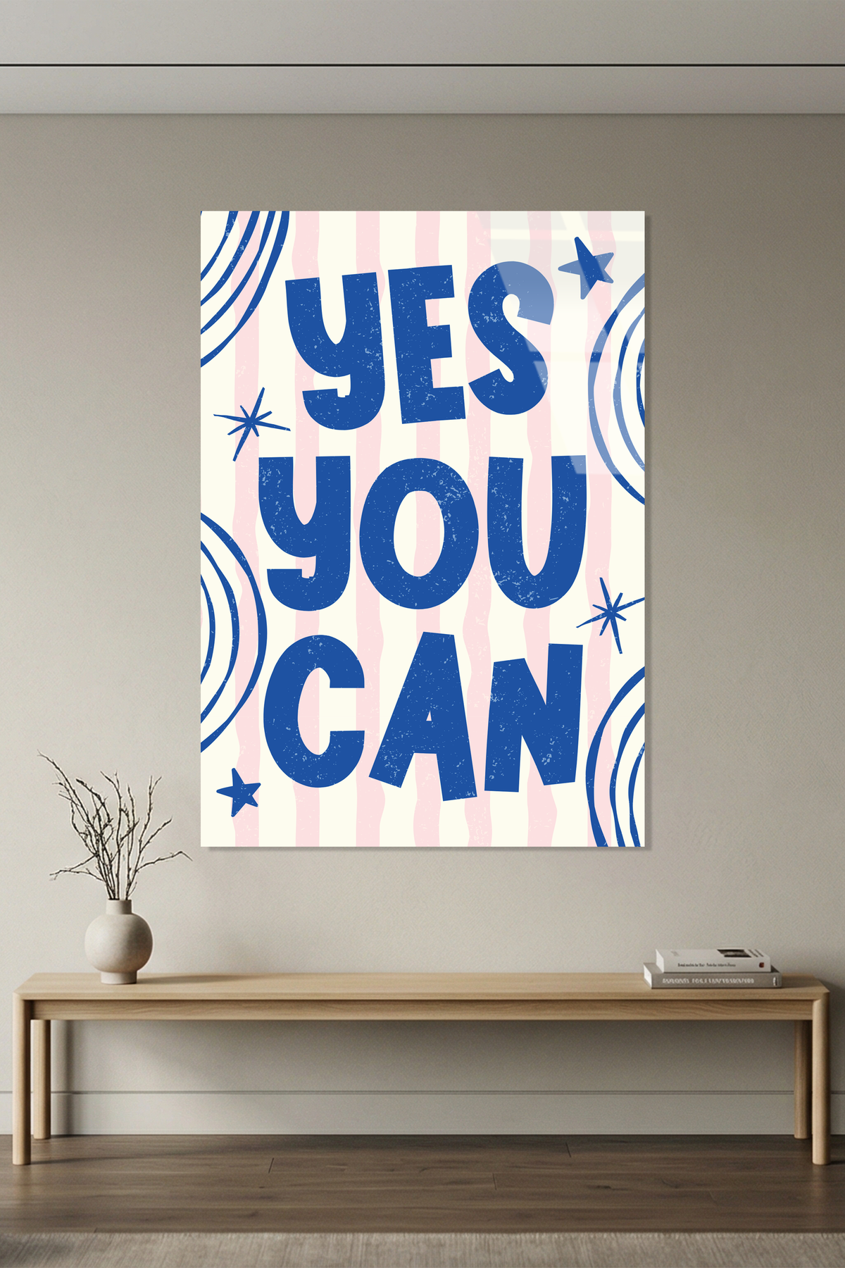 Mavi Beyaz "Yes You Can" Yazılı Motivasyon Cam Tablo