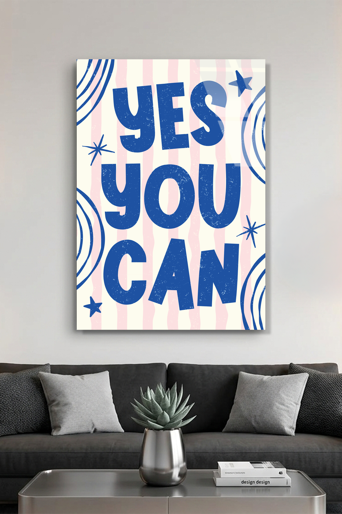 Mavi Beyaz "Yes You Can" Yazılı Motivasyon Cam Tablo