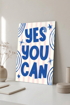Mavi Beyaz "Yes You Can" Yazılı Motivasyon Cam Tablo