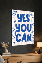 Mavi Beyaz "Yes You Can" Yazılı Motivasyon Cam Tablo
