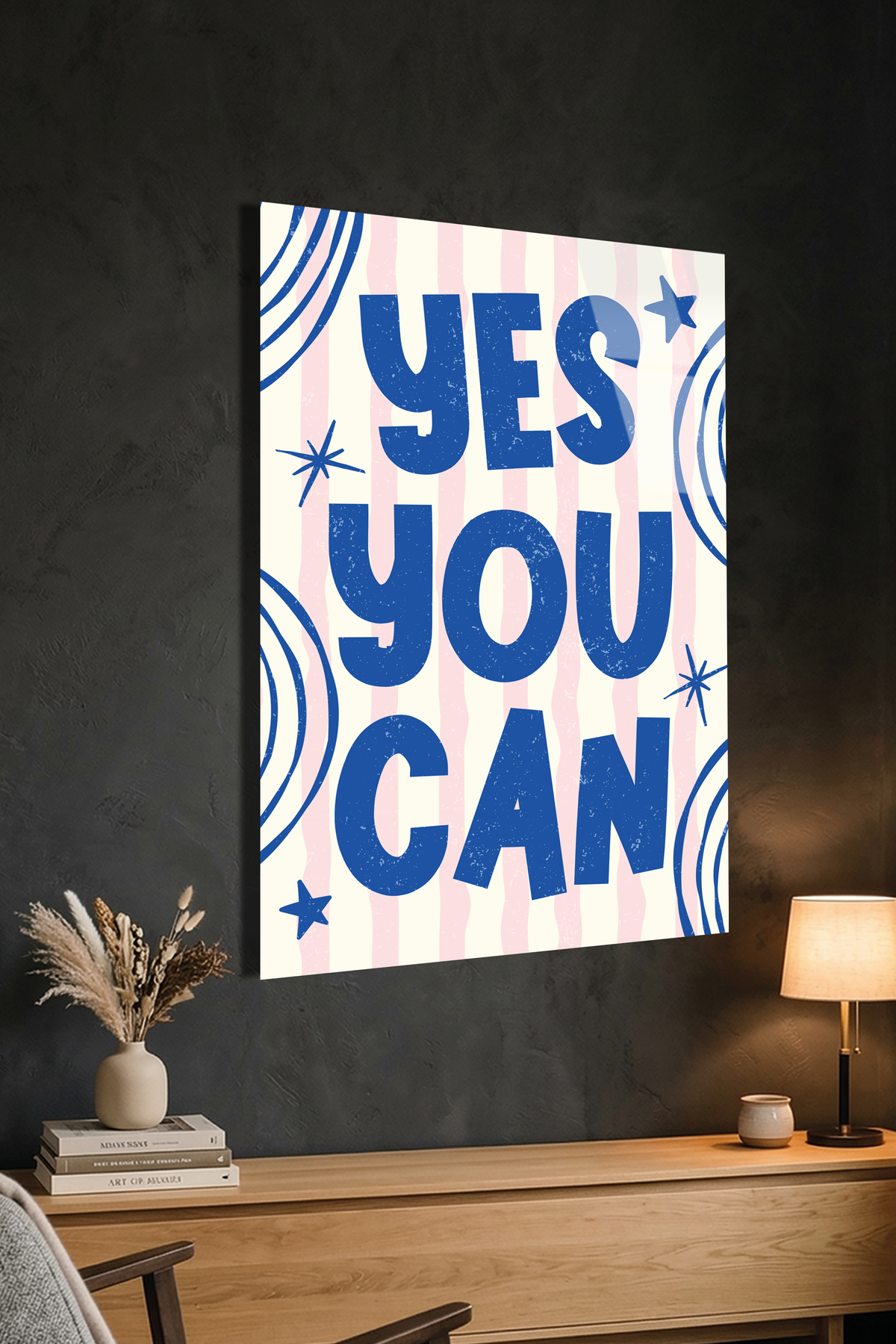 Mavi Beyaz "Yes You Can" Yazılı Motivasyon Cam Tablo