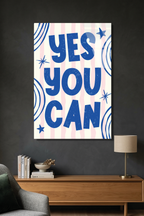 Mavi Beyaz "Yes You Can" Yazılı Motivasyon Cam Tablo