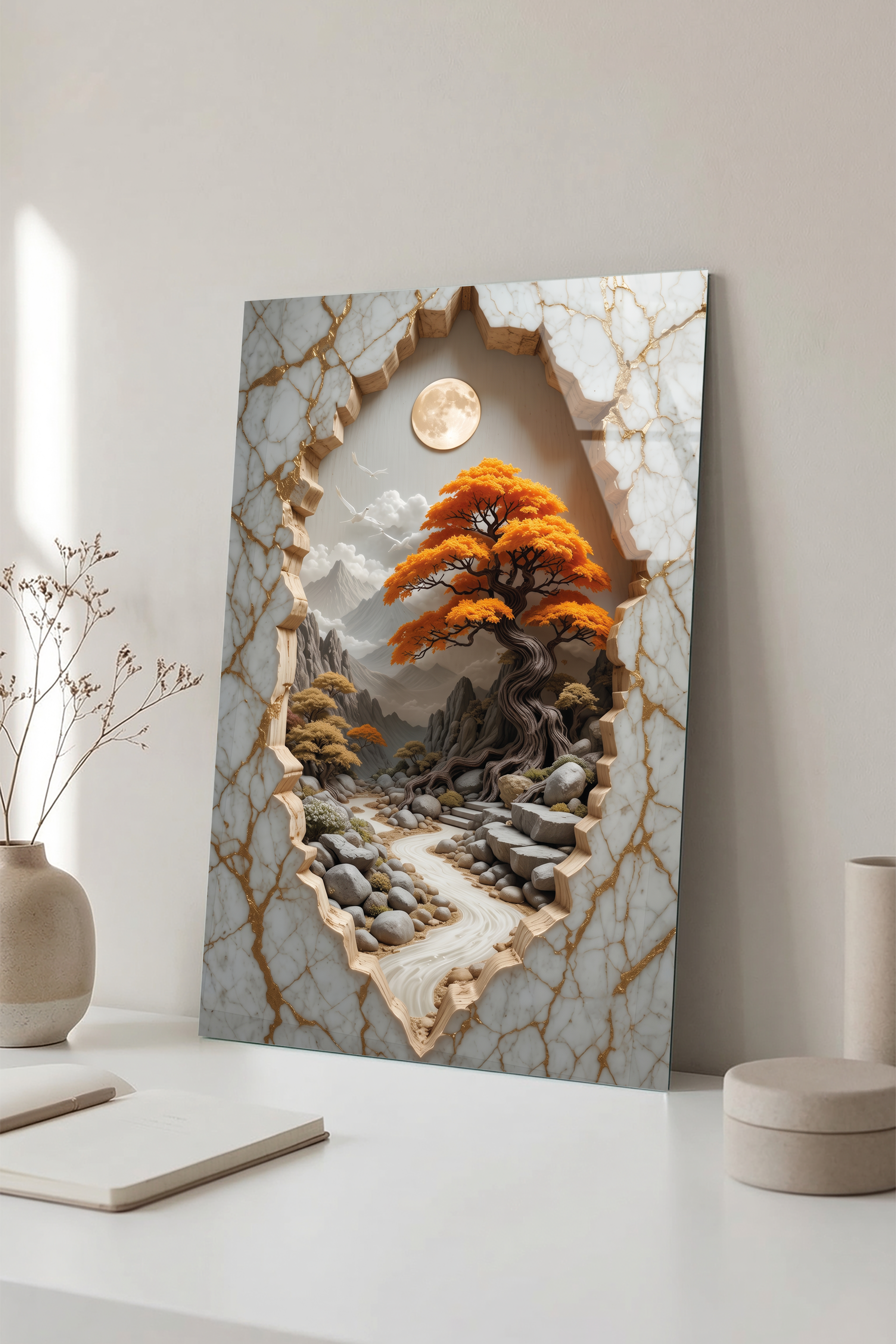 Mermer Dokulu Pencereden Turuncu Yapraklı Bonsai ve Dolunay Cam Tablo