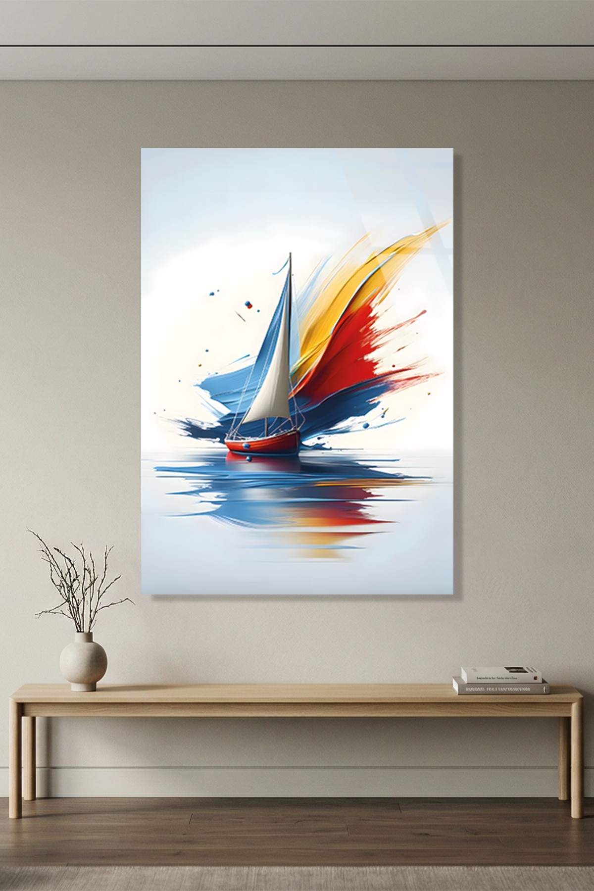 Minimal Beyaz Arka Planda Modern Yelkenli Gemici Cam Tablo