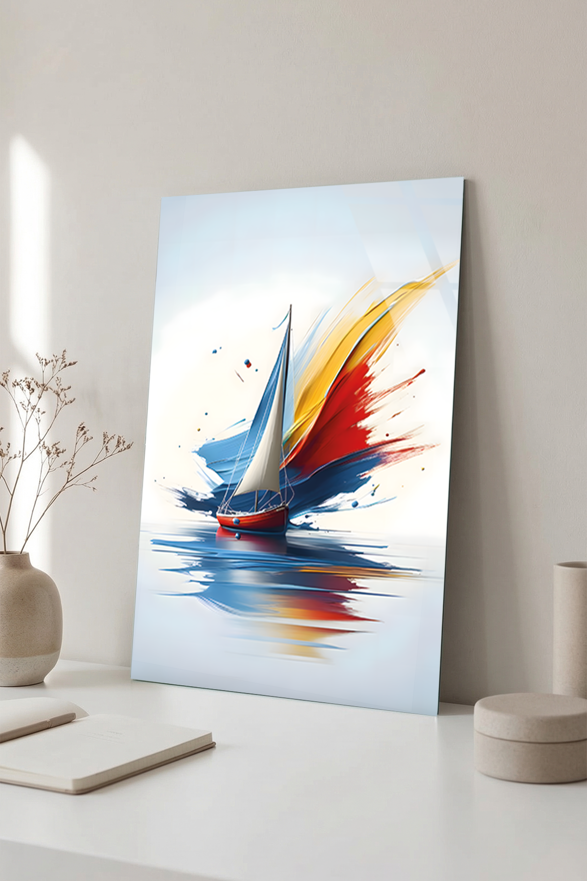 Minimal Beyaz Arka Planda Modern Yelkenli Gemici Cam Tablo