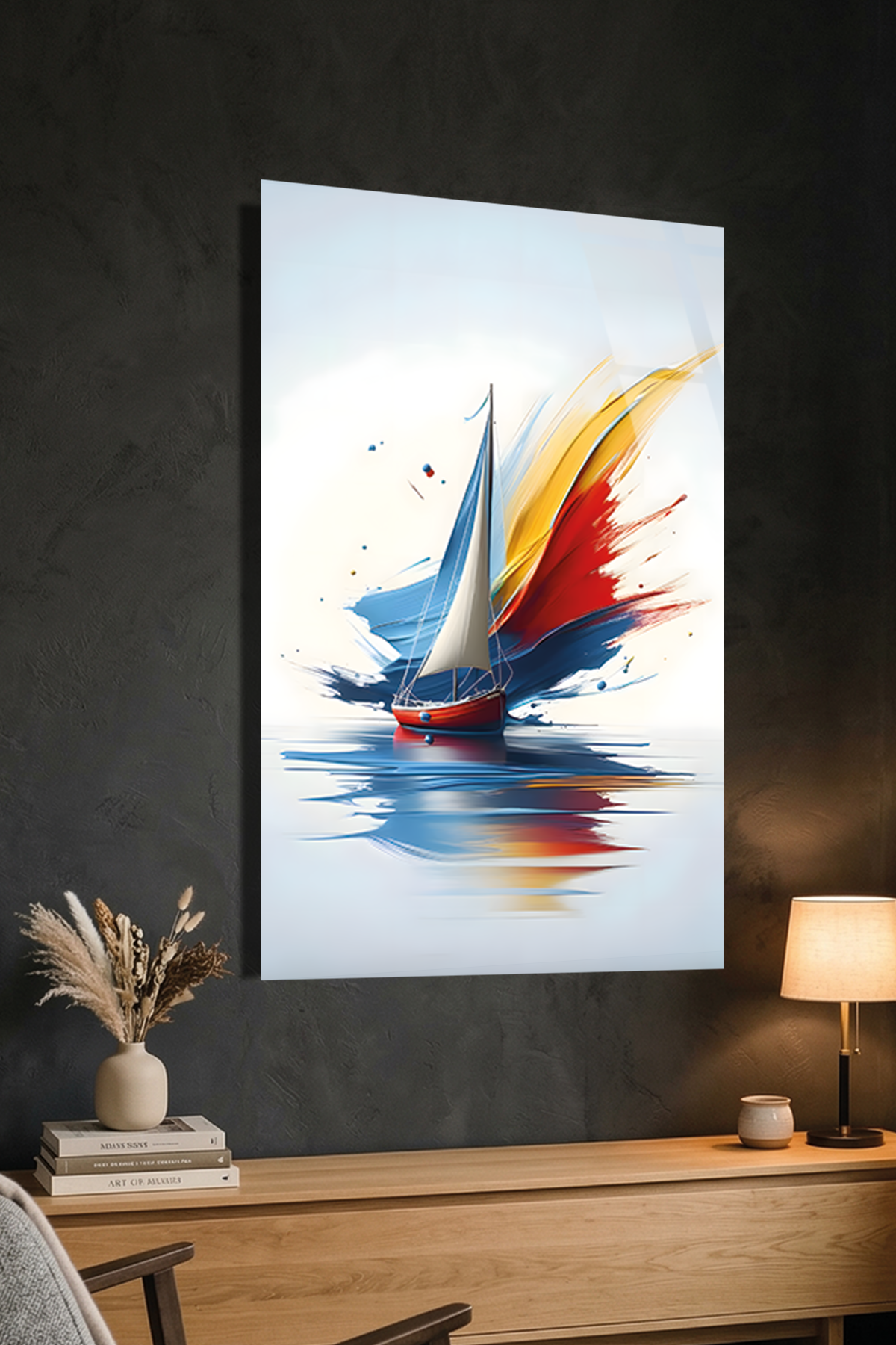 Minimal Beyaz Arka Planda Modern Yelkenli Gemici Cam Tablo