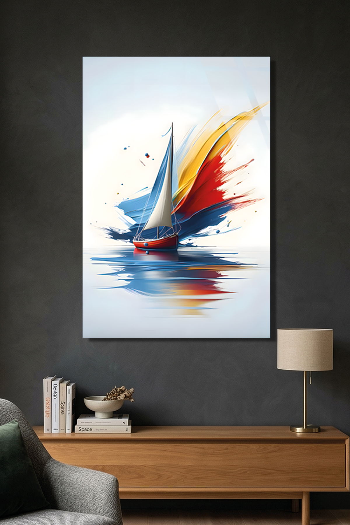Minimal Beyaz Arka Planda Modern Yelkenli Gemici Cam Tablo