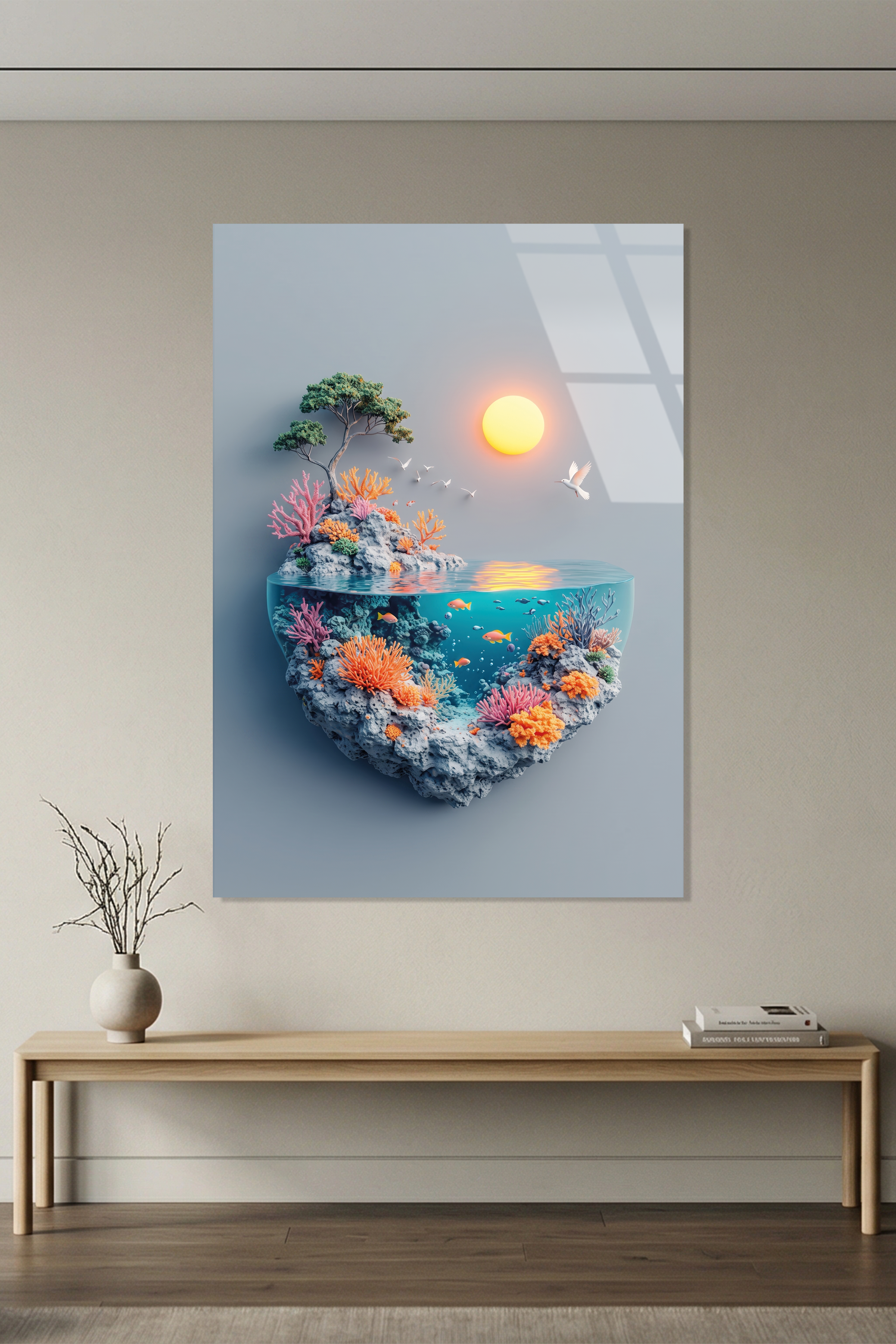 Minimalist Akvaryum ve Mercan Kayalıkları Deniz Altı Yaşam Cam Tablo