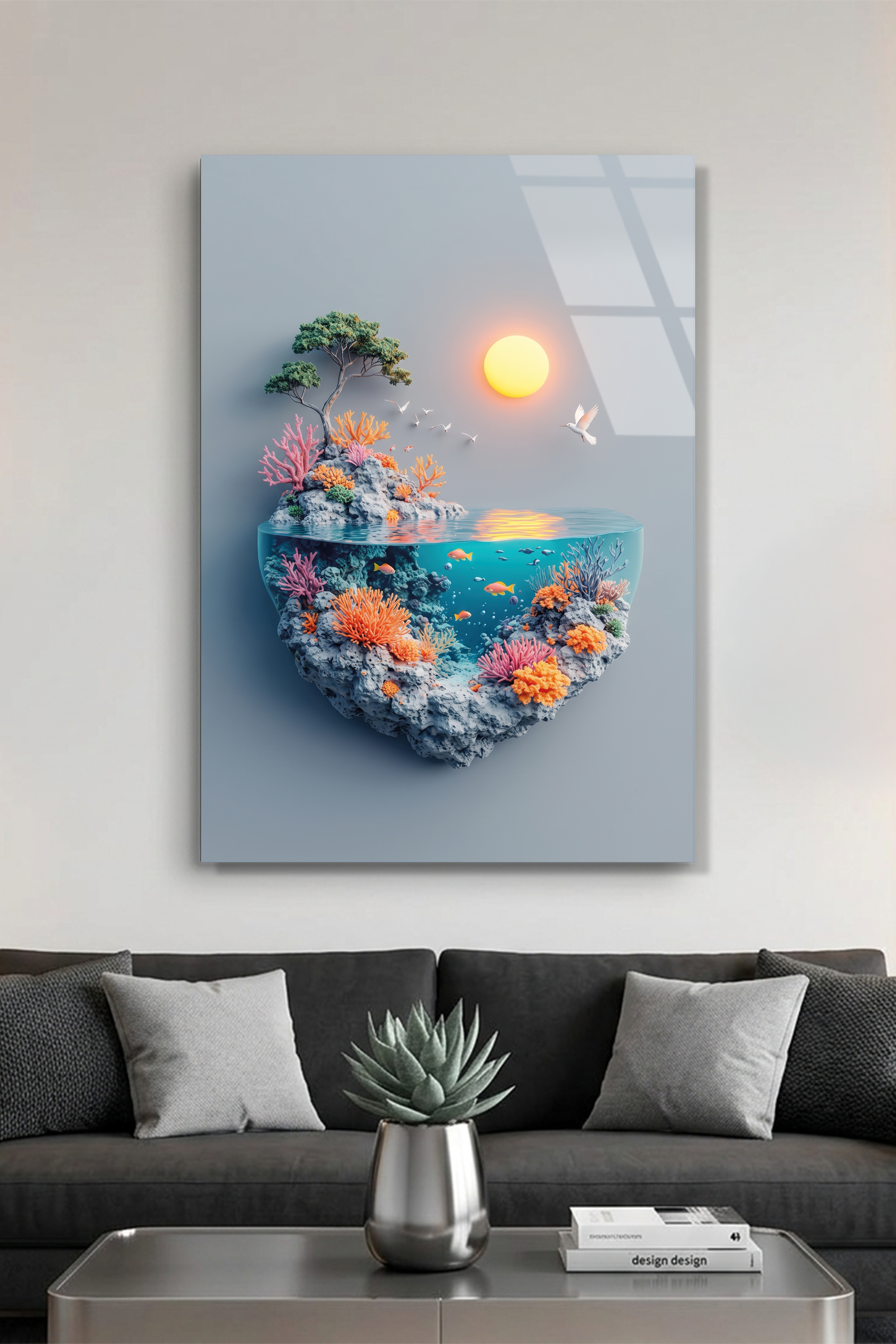 Minimalist Akvaryum ve Mercan Kayalıkları Deniz Altı Yaşam Cam Tablo