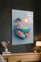 Minimalist Akvaryum ve Mercan Kayalıkları Deniz Altı Yaşam Cam Tablo