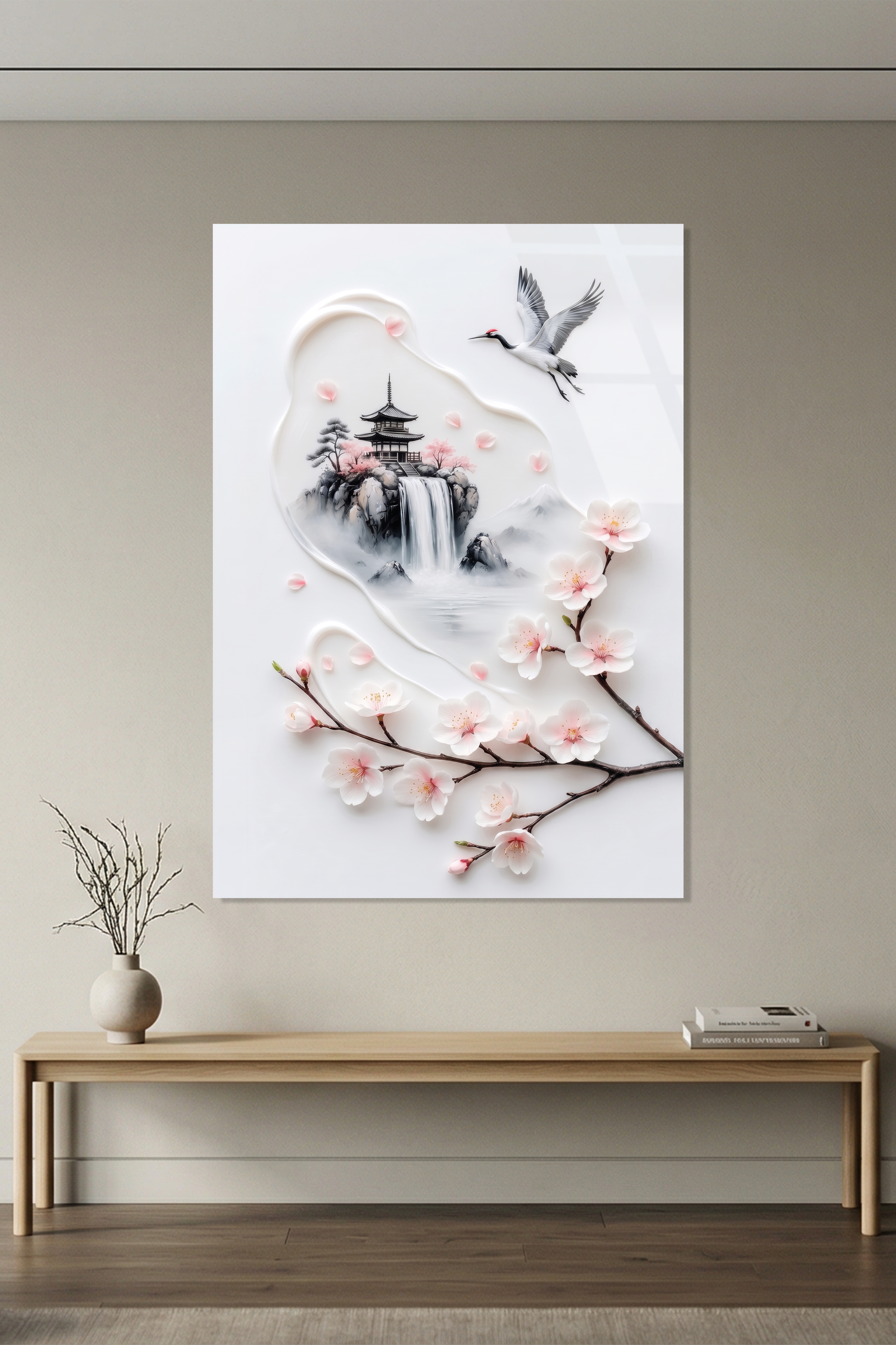 Minimalist Mürekkep Stili Japon Pagoda ve Uçan Turna Cam Tablo