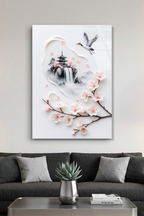 Minimalist Mürekkep Stili Japon Pagoda ve Uçan Turna Cam Tablo