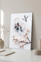 Minimalist Mürekkep Stili Japon Pagoda ve Uçan Turna Cam Tablo