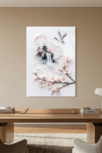 Minimalist Mürekkep Stili Japon Pagoda ve Uçan Turna Cam Tablo