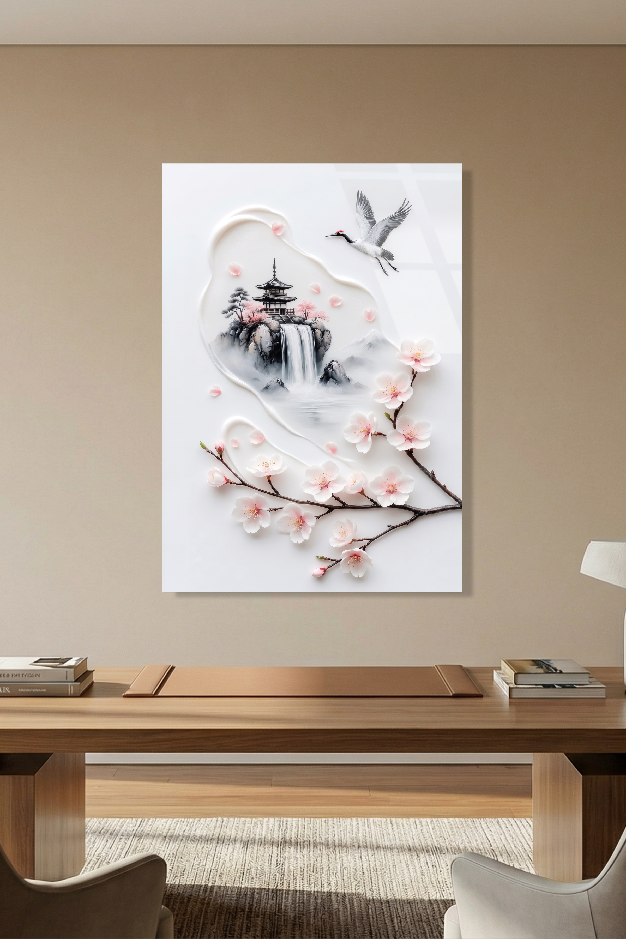 Minimalist Mürekkep Stili Japon Pagoda ve Uçan Turna Cam Tablo