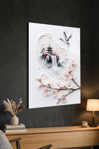 Minimalist Mürekkep Stili Japon Pagoda ve Uçan Turna Cam Tablo