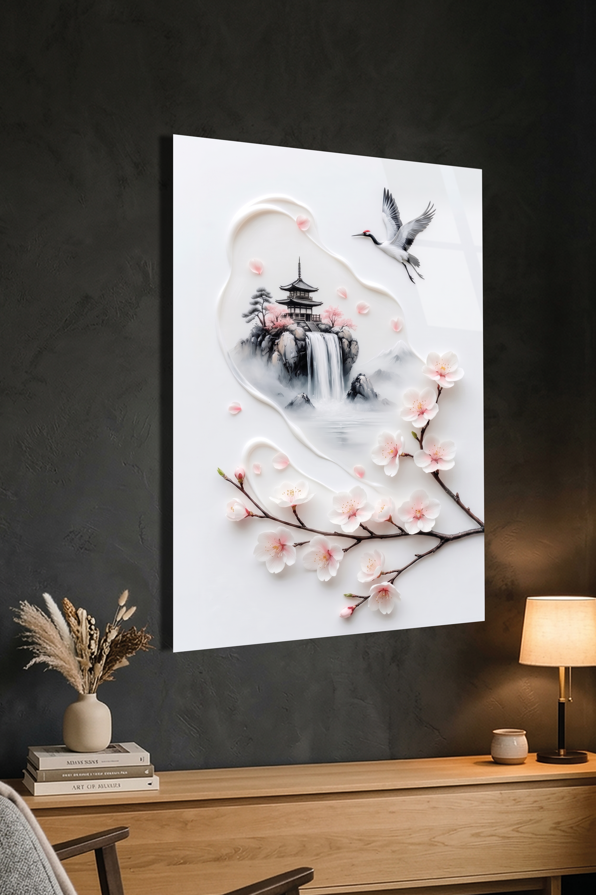 Minimalist Mürekkep Stili Japon Pagoda ve Uçan Turna Cam Tablo