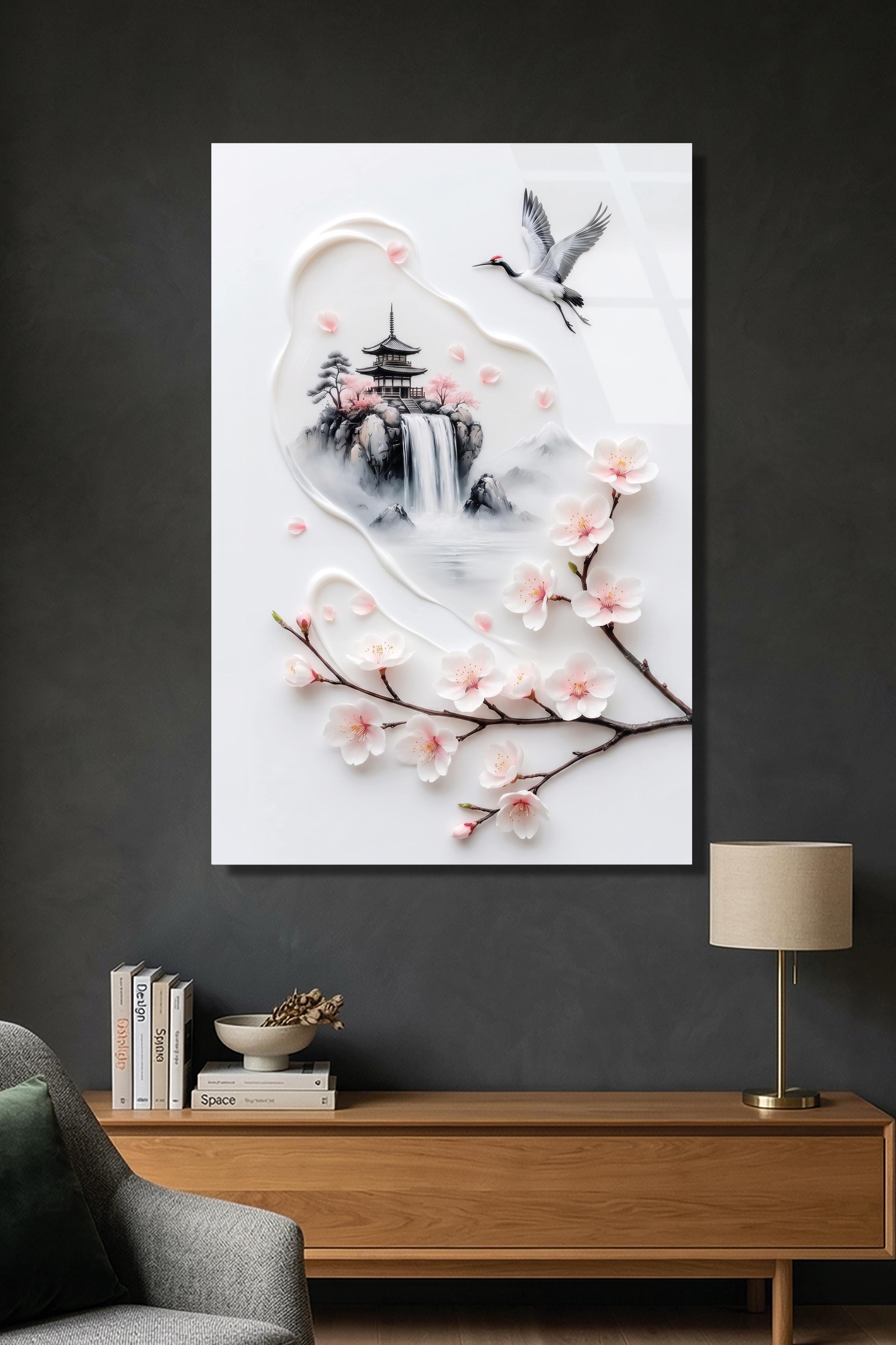 Minimalist Mürekkep Stili Japon Pagoda ve Uçan Turna Cam Tablo