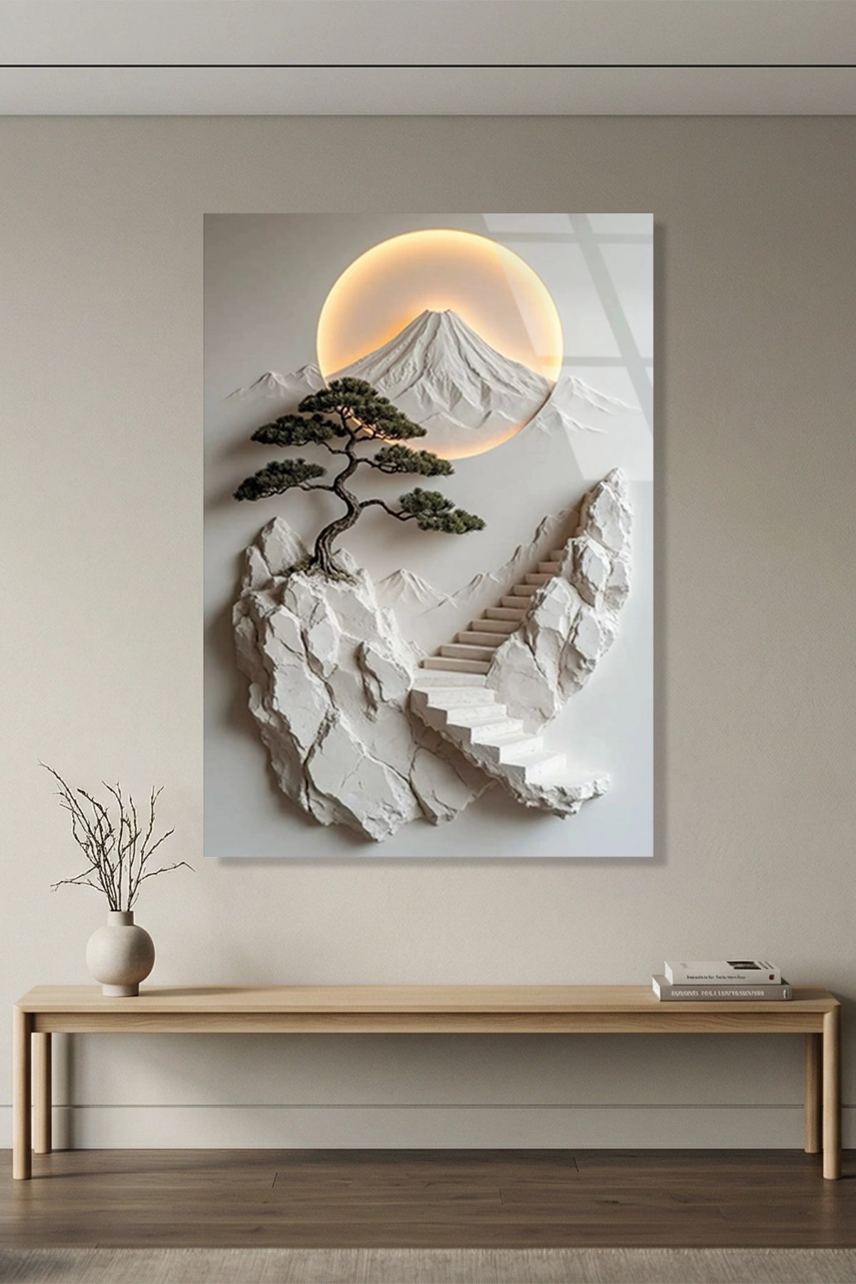 Minimalist Uzak Doğu Temalı Fuji Dağı ve Merdivenler Cam Tablo