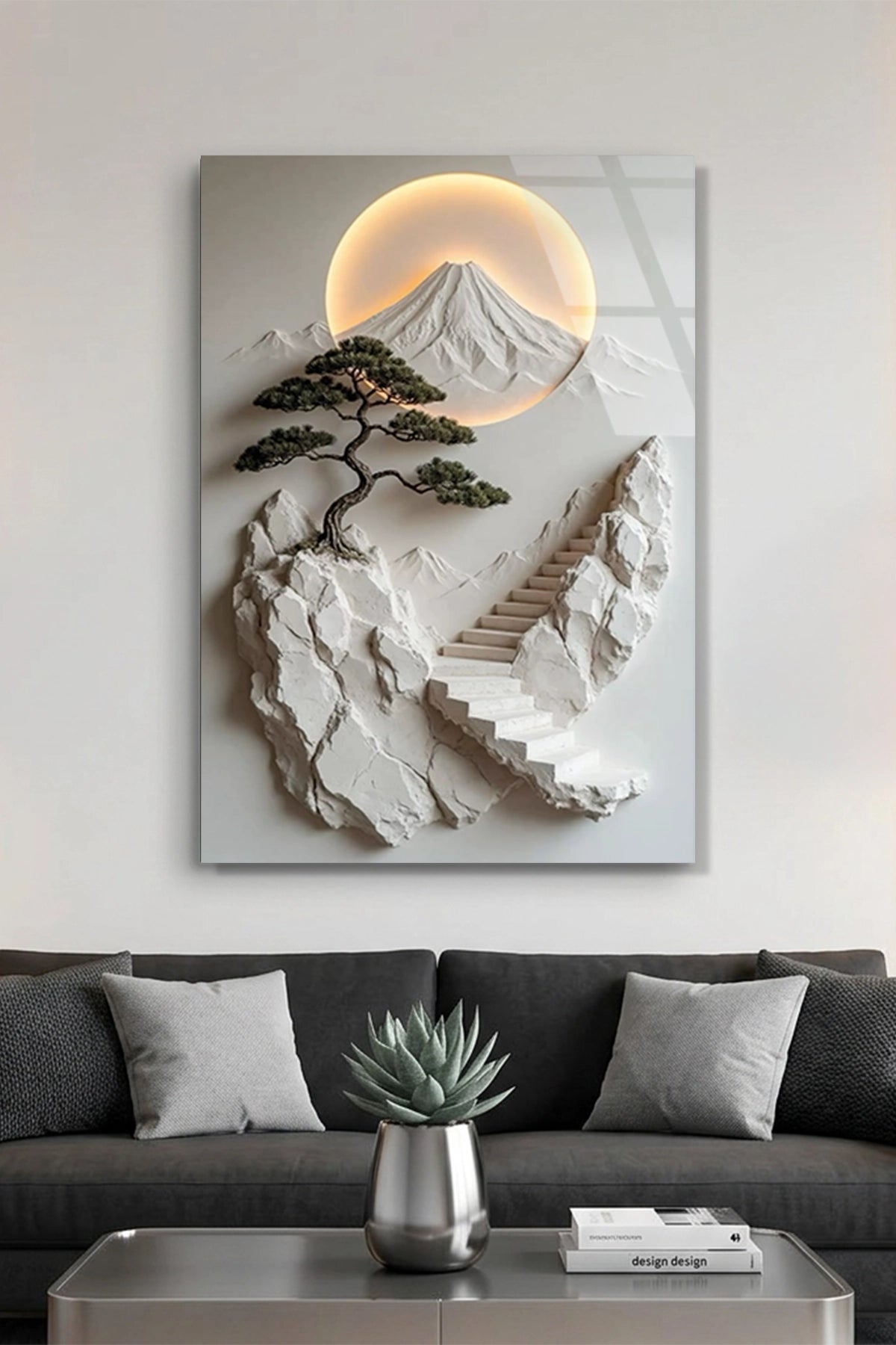 Minimalist Uzak Doğu Temalı Fuji Dağı ve Merdivenler Cam Tablo