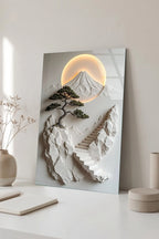 Minimalist Uzak Doğu Temalı Fuji Dağı ve Merdivenler Cam Tablo