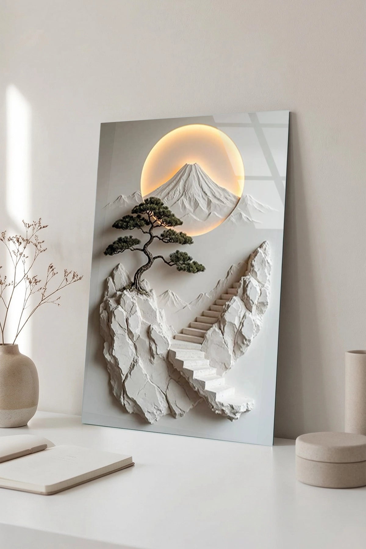 Minimalist Uzak Doğu Temalı Fuji Dağı ve Merdivenler Cam Tablo